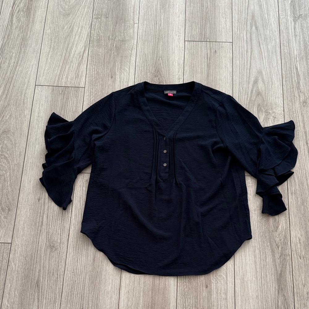 Vince Camuto Women’s Navy Blouse with Buttons and Ruffle Sleeves Medium